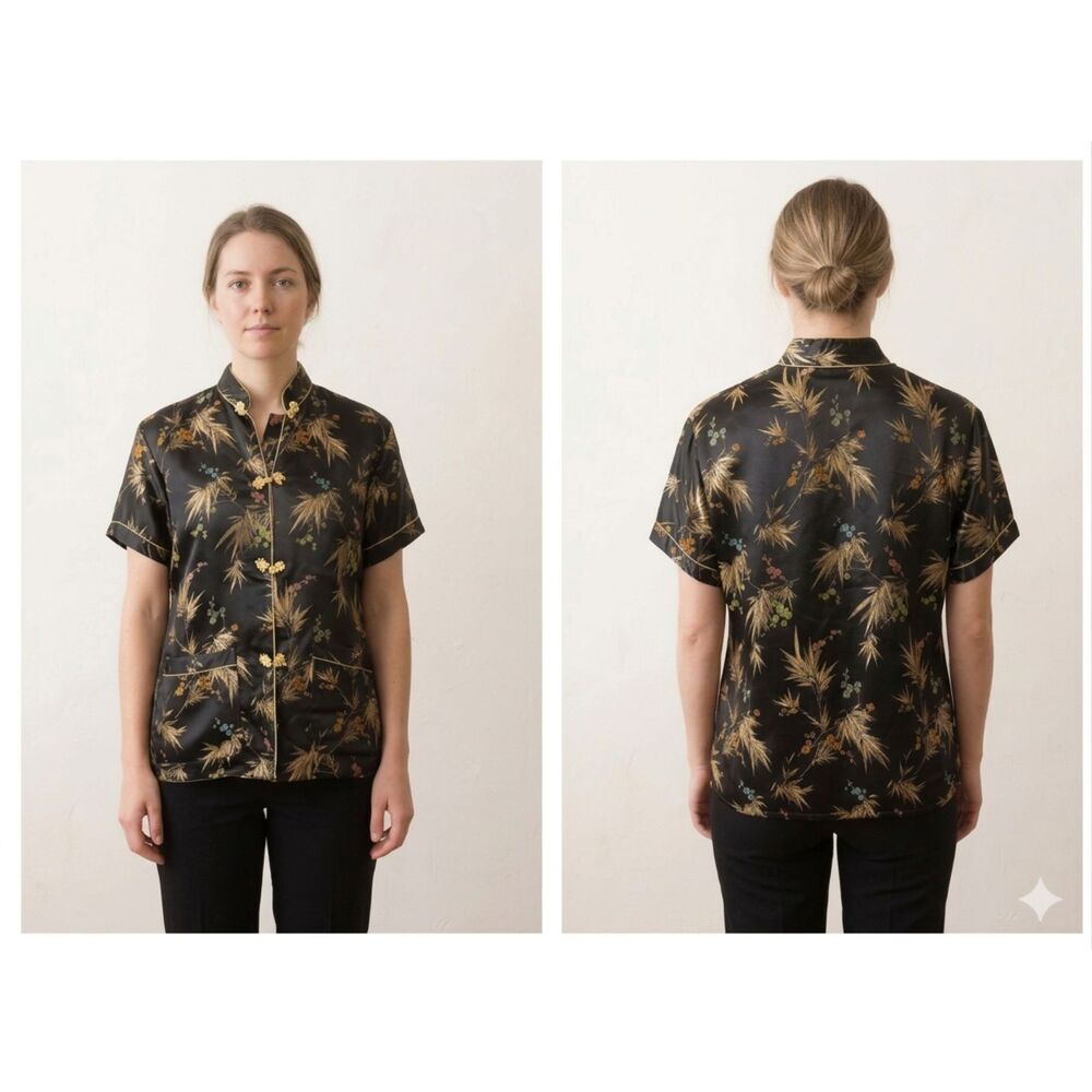 Vintage Oriental Button Down Short Sleeve Mandarin Collar With Pankou Buttons